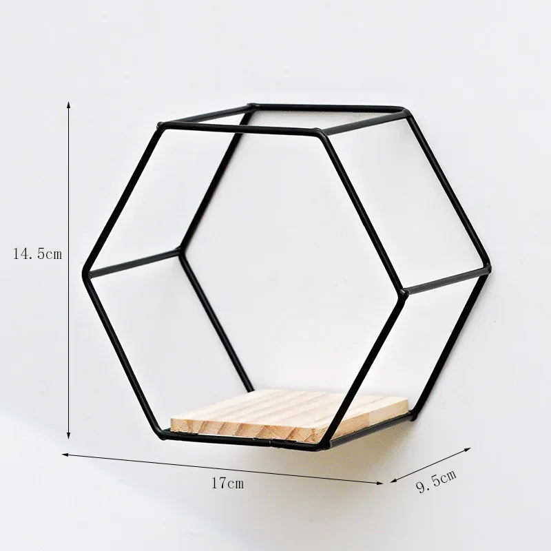 Nordic Style Iron Wall Shelf Hexagonal Metal Wall Storage Rack Shelves With Wooden Board Display Racks Kitchen Room Home Decor
