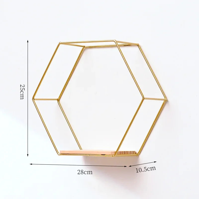 Nordic Style Iron Wall Shelf Hexagonal Metal Wall Storage Rack Shelves With Wooden Board Display Racks Kitchen Room Home Decor