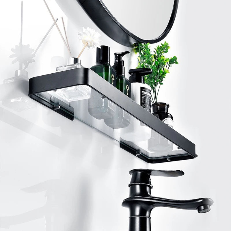 Bathroom Glass Shelf No Drill Organizer Shower Storage Rack Black Corner Shelves Wall Mounted Aluminum Toilet Shampoo Holder