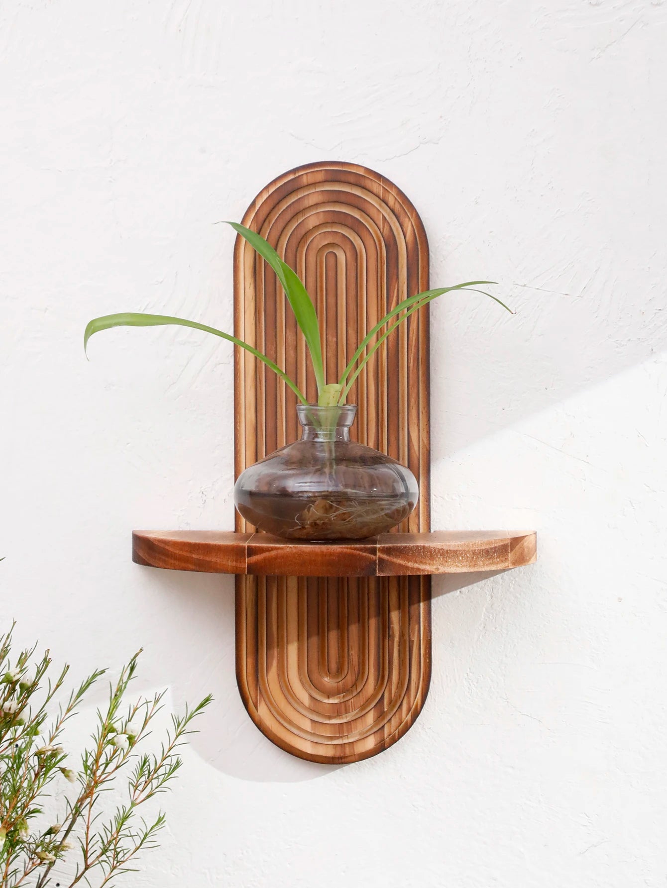 1/2-Tier Rustic Boho Wooden Wall Shelves - Charcoal Geometric Oval Wall-Mounted Shelves, Plants Display Stand, Home Decor Shelf