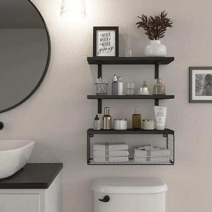 Wall Mounted Shelf with Tissue Holder - Iron Bathroom/Kitchen Organizer, Multi-Layer Storage Rack for Toiletries & Spices