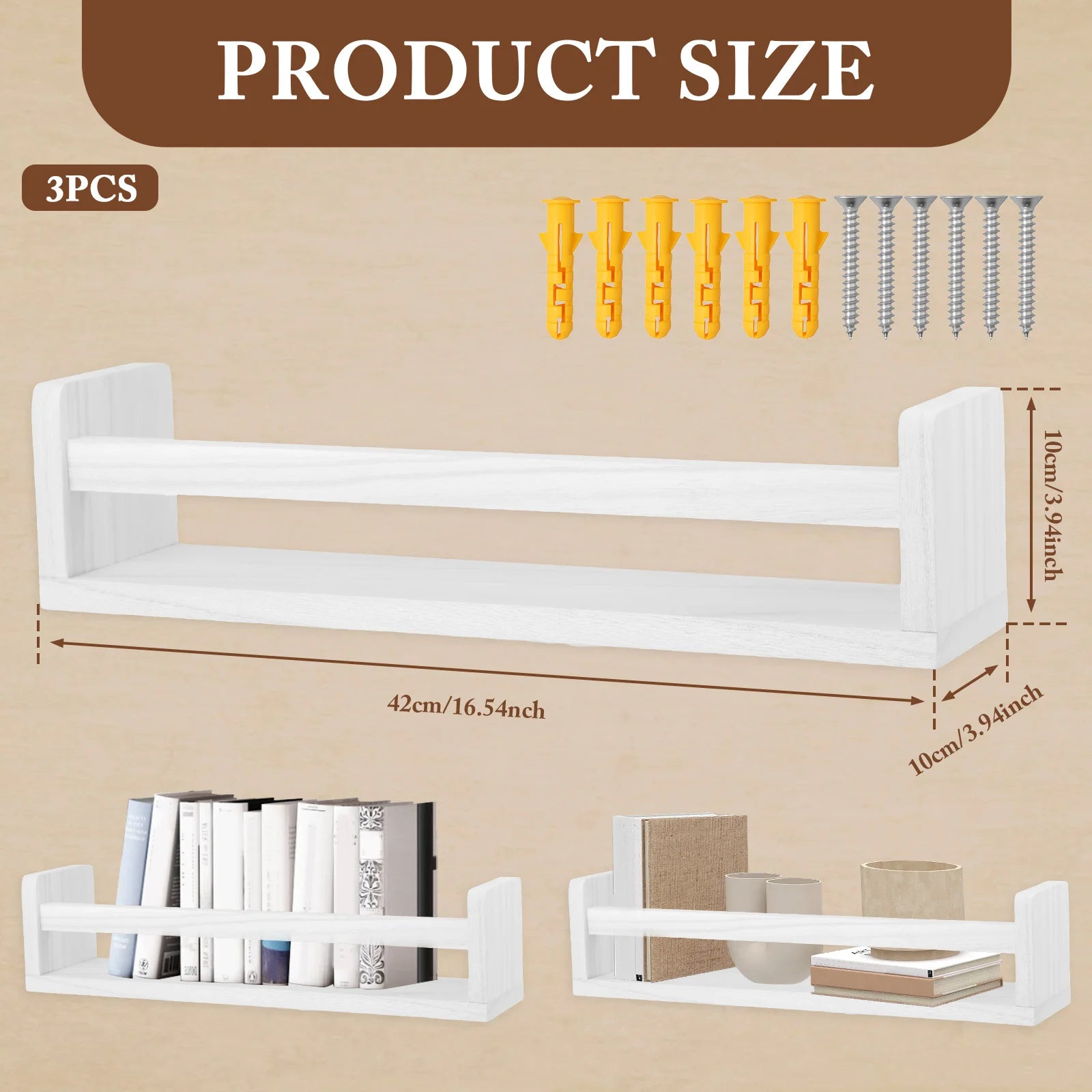 3pcs Floating Shelves for Wall Mounted 16.5in Wood Shelf Wall Decor Storage Display for Bedroom, Living Room, Bathroom, Kitchen