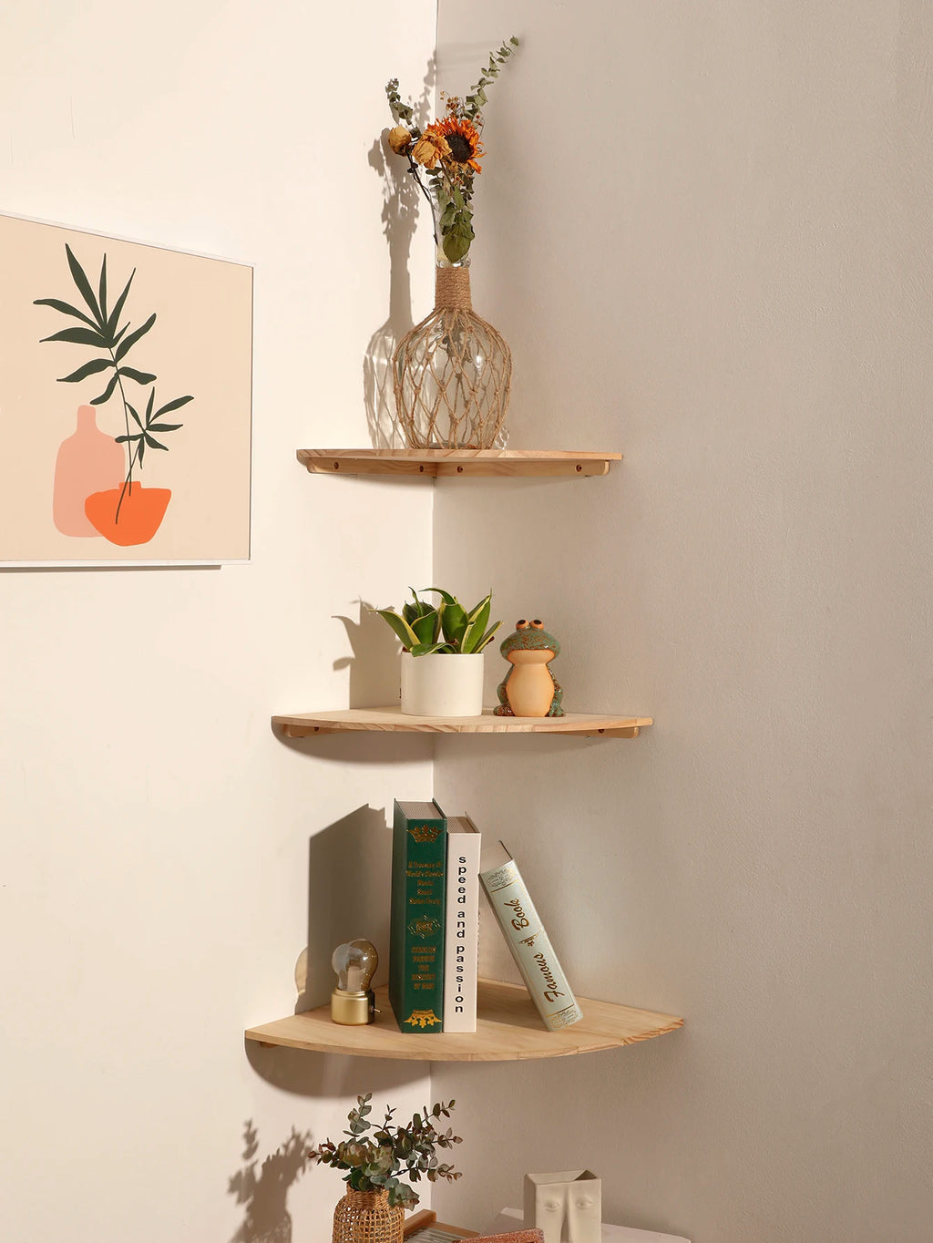 Wall Corner Shelves Wood Floating Wall Shelf Round End Wall Mounted Floating Corner Shelf for Bedroom Living Room and Kitchen
